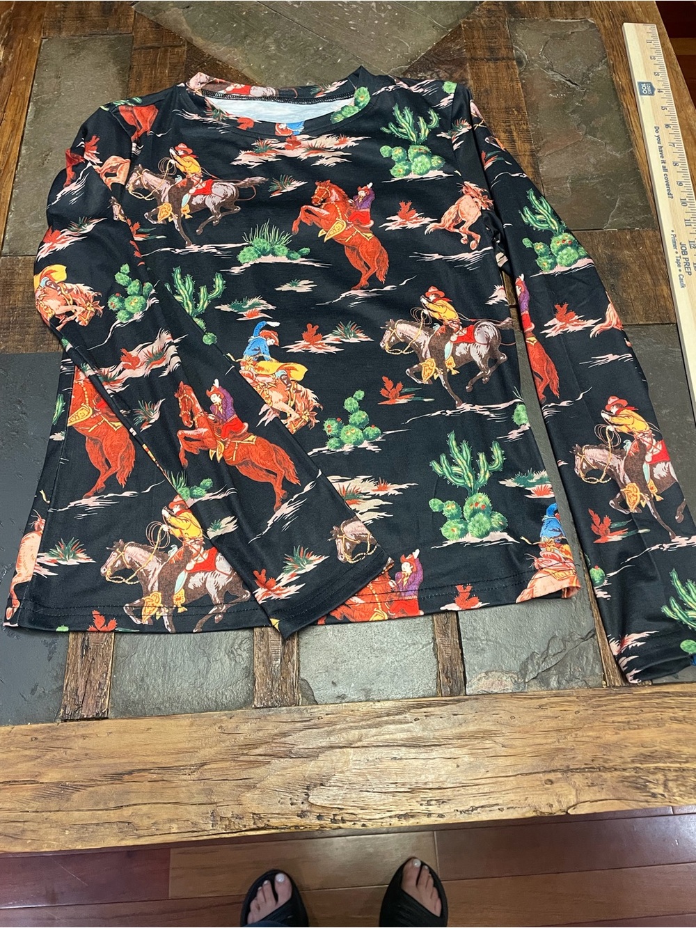 Cowboy Print Long Sleeve Tee - Black with Multi-Color Ranch Scene
